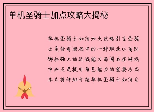 单机圣骑士加点攻略大揭秘