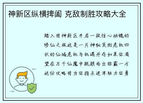 神新区纵横捭阖 克敌制胜攻略大全